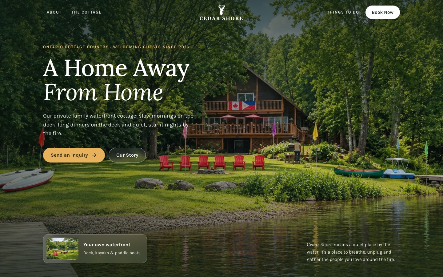 Desktop view of a waterfront cottage rental website