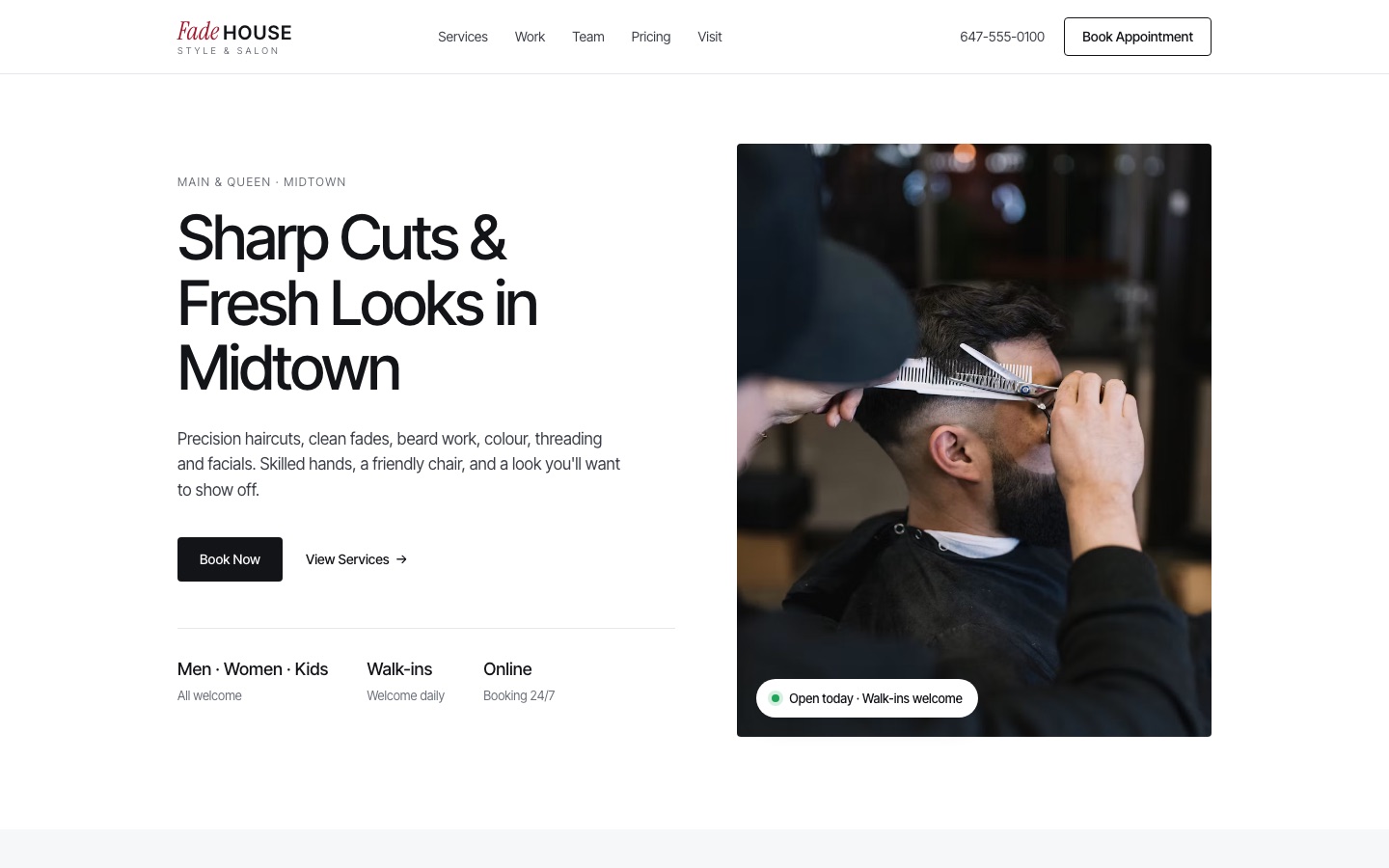 Desktop view of a barbershop and salon website