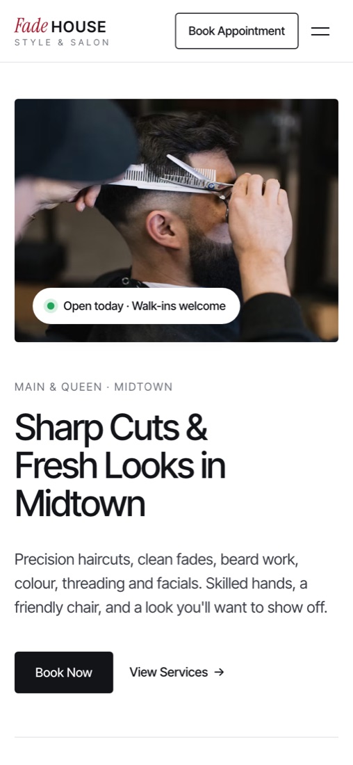 Phone view of the same salon website